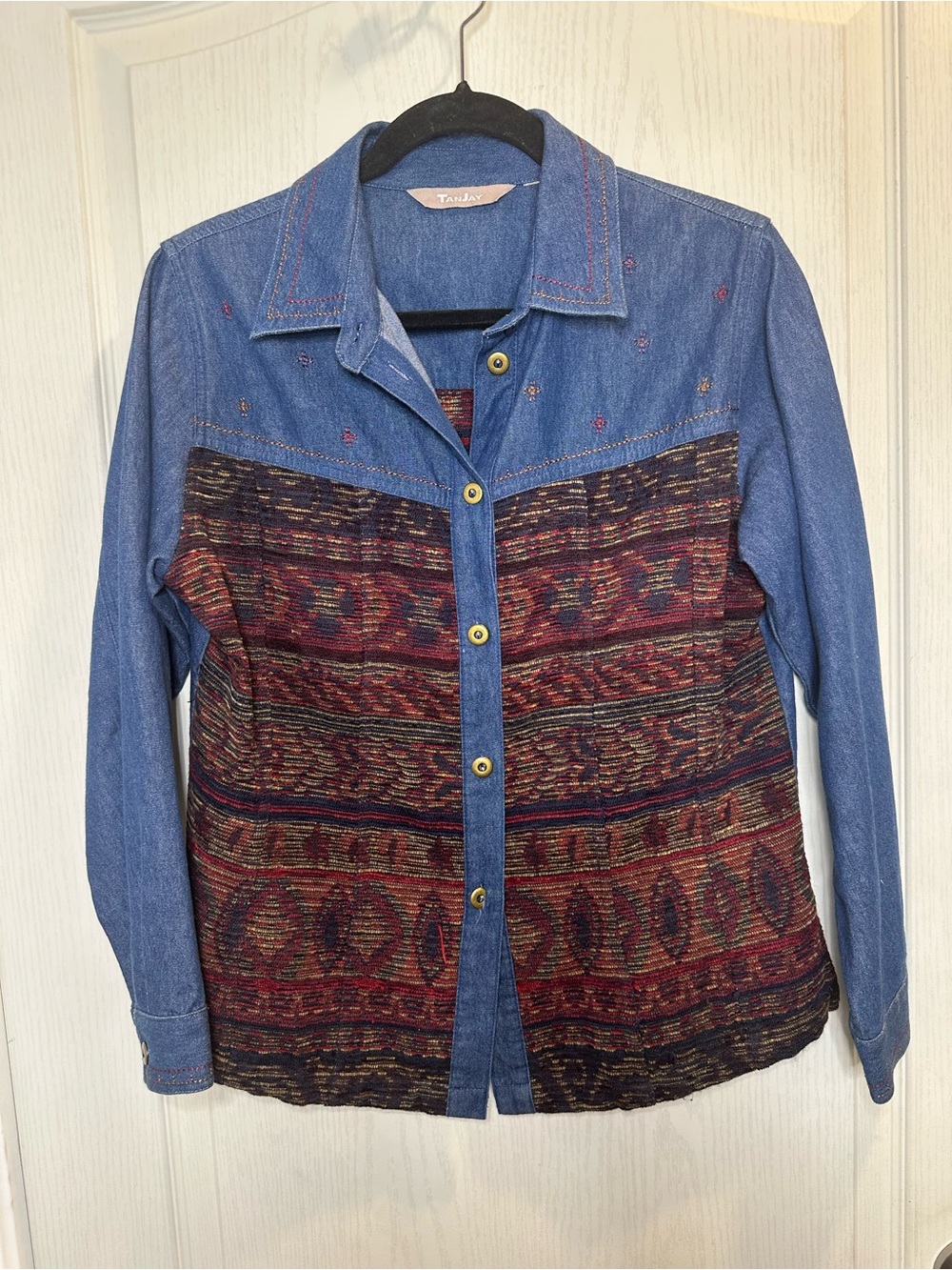 vintage 00s tanjay southwestern tapestry patchwork denim button down see listing